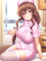 Rule 34 | 1girl, bed, bed sheet, bow, braid, breasts, brown hair, closed mouth, curtains, digital thermometer, drawer, dress, hair bow, hat, highres, holding, holding thermometer, infirmary, lambda (kusowarota), large breasts, long hair, looking at viewer, nurse, nurse cap, original, pink dress, red eyes, short sleeves, sidelocks, sitting, smile, solo, taut clothes, thermometer, thighhighs, thighs, white thighhighs, window
