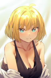 Rule 34 | 1girl, ahoge, blonde hair, blue eyes, blush, breasts, cleavage, closed mouth, griffon (last origin), ichihyaku nanajuu, large breasts, last origin, looking at viewer, open clothes, short hair, simple background, solo, tank top, upper body