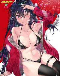 Rule 34 | 1girl, arm up, armpits, artist name, azur lane, bare shoulders, bikini, black bikini, black thighhighs, blush, breasts, cherry, cherrymaru, cleavage, collarbone, food, fruit, hair between eyes, hand on forehead, highres, jacket, large breasts, long hair, long sleeves, looking at viewer, navel, official alternate costume, one eye closed, one side up, open clothes, open jacket, parted lips, pink lips, race queen, red eyes, red jacket, sitting, skindentation, smile, solo, stomach, swimsuit, taihou (azur lane), taihou (enraptured companion) (azur lane), thigh strap, thighhighs, two-tone background, very long hair