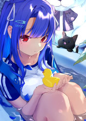 Rule 34 | 1girl, absurdres, bathtub, black cat, blue hair, blunt bangs, blush, breasts, cat, closed mouth, collarbone, commentary request, hair ornament, hair ribbon, hairclip, heart, heart hair ornament, highres, holding, knees up, large breasts, looking at viewer, mole, mole under eye, original, partially submerged, raglan sleeves, red eyes, ribbon, rubber duck, shiromonefu, shirt, short sleeves, sitting, solo, stuffed animal, stuffed toy, teddy bear, two side up, white ribbon, white shirt