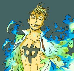 Rule 34 | 1boy, blonde hair, blue fire, fire, lowres, male focus, marco (one piece), one piece, open clothes, open shirt, shirt, solo