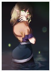 Rule 34 | 1girl, black background, black pantyhose, blonde hair, blood, blood on face, blue skirt, blurry, bokeh, brown skirt, commentary, covering own mouth, depth of field, fingernails, green eyes, hand on own shoulder, highres, lantern, light particles, looking at viewer, mizuhashi parsee, pantyhose, pointy ears, short hair, short ponytail, short sleeves, sibata maru, skirt, slit pupils, solo, standing, touhou, wading, water