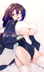 Rule 34 | 1girl, ;d, absurdres, aiushi (lovecowjp), allen m. sumner (azur lane), alternate breast size, azur lane, blue hair, breasts, clothing cutout, commentary request, hair between eyes, happy, highleg, highleg leotard, highres, huge breasts, leotard, long hair, looking at viewer, one eye closed, open mouth, red eyes, signature, skindentation, smile, sweater, thighhighs, tongue, two-tone leotard, underboob, underboob cutout, white thighhighs