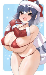 Rule 34 | 1girl, alternate breast size, animal ears, areola slip, arms up, bikini, blush, border, breasts, brown eyes, cameltoe, cleft of venus, common raccoon (kemono friends), covered erect nipples, cowboy shot, ears through headwear, elbow gloves, extra ears, fang, fur-trimmed gloves, fur trim, gloves, grey hair, hat, highres, holding, holding sack, huge breasts, kemono friends, large areolae, looking at viewer, medium hair, micro bikini, multicolored hair, nose blush, open mouth, outside border, raccoon ears, raccoon girl, raccoon tail, ras (ras33635191), red bikini, sack, santa hat, skindentation, smile, snot, solo, swimsuit, tail, white border, white hair