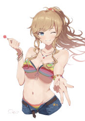 Rule 34 | 1girl, ;d, absurdres, bikini, bikini under shorts, blonde hair, blue eyes, blush, breasts, candy, cleavage, cropped legs, denim, denim shorts, fingernails, floating hair, food, grin, halterneck, highres, holding, holding candy, holding food, holding lollipop, idolmaster, idolmaster cinderella girls, lollipop, looking at viewer, medium breasts, multicolored bikini, multicolored clothes, nail polish, navel, official alternate costume, ohtsuki yui, one eye closed, open mouth, ponytail, sanpo (sanpo 1027), shorts, signature, simple background, smile, solo, stomach, striped, striped bikini, swimsuit, w, white background