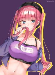 Rule 34 | 1girl, black headwear, blue eyes, blunt bangs, blush, breasts, cleavage, collarbone, go-toubun no hanayome, highres, holding, holding own hair, large breasts, lemon t, looking at another, multicolored nails, nail polish, nakano nino, navel, off shoulder, pink hair, purple background, purple shirt, raised eyebrows, shirt, simple background, stomach, twintails