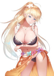 Rule 34 | 1girl, absurdres, ahoge, alternate hairstyle, arms under breasts, bad id, bad pixiv id, bikini, black bikini, blonde hair, blue eyes, blue gemstone, blush, braid, breasts, cleavage, closed mouth, collarbone, crown braid, flower, g36 (50 days with g36) (girls&#039; frontline), g36 (girls&#039; frontline), gem, girls&#039; frontline, gradient hair, groin, hair between eyes, hair flower, hair ornament, head tilt, highres, jewelry, large breasts, long hair, looking at viewer, maid, maid bikini, multicolored hair, navel, necklace, official alternate costume, ponytail, rinmmo, sarong, sidelocks, silver hair, simple background, solo, standing, stomach, swimsuit, thighs, unconventional maid, very long hair, white background