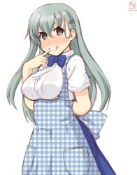Rule 34 | 1girl, alternate costume, apron, aqua hair, artist logo, black eyes, blue apron, blue bow, blue bowtie, blue skirt, bow, bowtie, breasts, commentary request, cowboy shot, dated, gingham, gingham apron, hair ornament, hairclip, highres, kanon (kurogane knights), kantai collection, kobeya, kobeya uniform, large breasts, long hair, looking at viewer, shirt, short sleeves, simple background, skirt, solo, suzuya (kancolle), tongue, tongue out, waitress, white background, white shirt