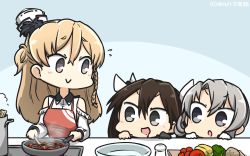 Rule 34 | 3girls, :d, apron, black eyes, black gloves, brown hair, commentary request, cooking, dated, drooling, food, gloves, grey eyes, hamu koutarou, hat, highres, kantai collection, long hair, mini hat, multiple girls, nowaki (kancolle), open mouth, purple eyes, red apron, short hair, silver hair, single glove, smile, tone (kancolle), v-shaped eyebrows, white gloves, white hat, zara (kancolle)