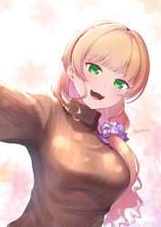 Rule 34 | 1girl, absurdres, blonde hair, blunt bangs, breasts, brown sweater, green eyes, hair ornament, hair scrunchie, hairband, heanna sumire, highres, long hair, long sleeves, looking at viewer, love live!, love live! superstar!!, medium breasts, open mouth, red hairband, reisa-aisaka, scrunchie, solo, sweater, teeth, turtleneck, turtleneck sweater, twitter username, upper body, upper teeth only