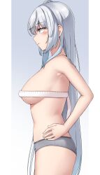 Rule 34 | 1girl, absurdres, areola slip, blue eyes, blush, breasts, closed mouth, cowboy shot, from side, fuyutsuki (kancolle), grey hair, grey panties, hand on own hip, highres, kantai collection, kiritto, large breasts, long hair, one eye closed, panties, profile, solo, tape measure, underwear
