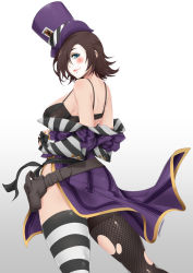 Rule 34 | 1girl, asymmetrical legwear, back, bad id, bad pixiv id, belt, black gloves, black thighhighs, borderlands (series), borderlands 2, breast tattoo, breasts, brown hair, choker, clothes lift, clothes pull, collared dress, contrapposto, cowboy shot, dress, dress lift, dress pull, female focus, fingerless gloves, fishnet thighhighs, fishnets, from side, gloves, gradient background, grey background, hair over one eye, half-closed eyes, hat, highres, large breasts, legs apart, lipstick, looking at viewer, mad moxxi, makeup, mismatched legwear, mole, one eye covered, pulling own clothes, purple hat, queen (playing card), queen of spades, short hair, smile, solo, standing, stormcow, striped clothes, striped dress, striped thighhighs, tattoo, thighhighs, thighs, top hat, torn clothes, torn thighhighs, uneven legwear, vertical-striped clothes, vertical-striped dress, white background, white thighhighs