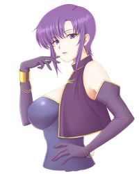 Rule 34 | 1girl, bare shoulders, breasts, dress, earrings, elbow gloves, fire emblem, fire emblem: the blazing blade, from side, gloves, hand on own face, hand on own hip, hoop earrings, jewelry, kanro fe, looking at viewer, mature female, medium breasts, nintendo, open mouth, parted lips, purple eyes, purple hair, short hair, sideboob, sleeveless, sleeveless dress, smile, solo, upper body, ursula (fire emblem), white background, wristband
