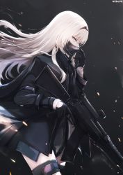 Rule 34 | 1girl, an-94, an-94 (girls&#039; frontline), artist name, assault rifle, black background, black gloves, black jacket, black shirt, blue eyes, commentary, floating hair, from side, girls&#039; frontline, gloves, gun, hair between eyes, hand up, headpiece, highres, holding, holding gun, holding weapon, jacket, long hair, long sleeves, mask, mouth mask, name connection, nekoya (liu), object namesake, open clothes, open jacket, profile, rifle, shirt, short shorts, shorts, signature, solo, trigger discipline, very long hair, weapon, white hair, white shorts