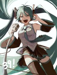 Rule 34 | 1girl, 39, aqua eyes, aqua hair, aqua nails, aqua necktie, bare shoulders, black skirt, black thighhighs, breasts, bright pupils, cable, collared shirt, commentary, detached sleeves, feet out of frame, floating hair, from below, grey shirt, hair ornament, half-closed eyes, hand on headphones, hand up, hatsune miku, highres, holding, holding microphone, light blush, long hair, medium breasts, microphone, microphone stand, miku day, necktie, number tattoo, open mouth, raised eyebrows, roji inu, shirt, sidelighting, skirt, sleeveless, sleeveless shirt, smile, solo, tattoo, thighhighs, tie clip, very long hair, vocaloid, white pupils, wide sleeves, wind, wind lift, zettai ryouiki