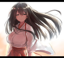 Rule 34 | 10s, 1girl, akagi (kancolle), arms at sides, black hair, breasts, brown eyes, collarbone, cowboy shot, eyebrows, floating hair, hair between eyes, hakama, hakama short skirt, hakama skirt, isshiki (ffmania7), japanese clothes, kantai collection, kimono, large breasts, letterboxed, long hair, long sleeves, looking at viewer, miko, red skirt, simple background, skirt, sleeves past elbows, smile, solo, very long hair, white background, wind