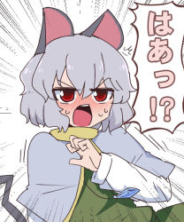 Rule 34 | 1girl, ^^^, animal ears, blush, capelet, commentary request, emphasis lines, grey hair, hand up, jewelry, long sleeves, mouse ears, mouse tail, nazrin, open mouth, pendant, red eyes, shio (futatsumami), shirt, short hair, solo, sweat, tail, touhou, white background, white shirt