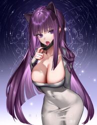 Rule 34 | 1girl, animal ears, arm behind back, breasts, cat ears, collarbone, commentary, cowboy shot, dress, fake animal ears, fern (sousou no frieren), grey dress, highres, jewelry, large breasts, long hair, long sleeves, looking at viewer, open mouth, purple eyes, purple hair, ring, ringeko-chan, solo, sousou no frieren, standing, tongue, tongue out, very long hair