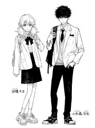 Rule 34 | 1boy, 1girl, absurdres, arisancake, backpack, bag, blazer, bow, bowtie, breast pocket, character name, check translation, collared shirt, commentary, expressionless, full body, hand in pocket, highres, jacket, long sleeves, looking at viewer, medium hair, necktie, open clothes, open jacket, original, pants, paw hair ornament, pocket, school uniform, shirt, shirt tucked in, shoes, simple background, skirt, smile, sneakers, sweater vest, translation request, twintails, white background