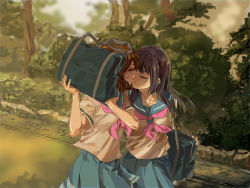 2girls bag black_hair blue_skirt blush brown_hair bush closed_eyes hibike!_euphonium highres holding holding_bag imminent_kiss kousaka_reina looking_at_another multiple_girls oumae_kumiko pleated_skirt sailor_collar shadow short_sleeves shoulder_bag skirt smile sworgun tree yuri