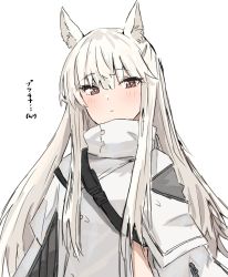Rule 34 | 1girl, absurdres, animal ears, arknights, character name, collared jacket, commentary, expressionless, hair between eyes, highres, horn/wood, horse ears, jacket, long hair, looking at viewer, platinum (arknights), platinum blonde hair, shirt, simple background, solo, translated, upper body, white background, white hair, white shirt, yellow eyes
