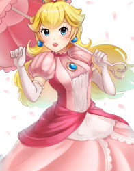 Rule 34 | 1girl, :d, blonde hair, blue eyes, breasts, brooch, crown, dress, earrings, elbow gloves, gloves, hands up, haru (nakajou-28), holding, holding umbrella, jewelry, long hair, looking at viewer, mario (series), medium breasts, nintendo, open mouth, over shoulder, parasol, pink dress, pink umbrella, princess, princess peach, puffy short sleeves, puffy sleeves, short sleeves, smile, solo, super princess peach, super smash bros., teeth, umbrella, white background, white gloves