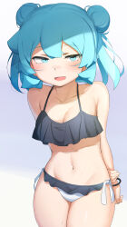Rule 34 | 1girl, abmayo, alternate hairstyle, bare shoulders, bikini, black bikini, breasts, cleavage, collarbone, double bun, hair bun, hatsune miku, highres, large breasts, long hair, looking at viewer, navel, open mouth, smile, solo, stomach, swimsuit, twintails, vocaloid, white bikini