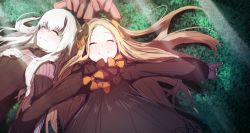 Rule 34 | 2girls, ^ ^, abigail williams (fate), absurdres, bad id, bad twitter id, black bow, black dress, blonde hair, bow, closed eyes, commentary request, dress, closed eyes, fate/grand order, fate (series), grin, hands in opposite sleeves, happy, highres, horns, lavinia whateley (fate), long hair, long sleeves, lying, multiple girls, no headwear, no headwear, on back, orange bow, outstretched arms, pale skin, single horn, sleeves past wrists, smile, stuffed animal, stuffed toy, teddy bear, very long hair, wada kazu, white hair