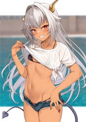 Rule 34 | 1girl, bikini, bikini under clothes, black bikini, blouse, blurry, blurry background, blush, breasts, clothes lift, collarbone, commentary request, cowboy shot, cutoffs, dark-skinned female, dark skin, demon tail, enjo kouhai, fang, fingernails, grin, groin, hair between eyes, hand on own hip, highres, horns, lifting own clothes, long hair, looking at viewer, micro shorts, navel, pool, red eyes, see-through, see-through shirt, sharp fingernails, shirt, shirt lift, short sleeves, shorts, small breasts, smile, solo, stomach, swimsuit, tail, takunomi, teeth, tied shirt, ursula (takunomi), very long hair, wet, wet clothes, wet shirt, white hair, white shirt