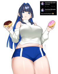 Rule 34 | 1girl, blue eyes, blue hair, breasts, dasdokter, doughnut, food, highres, hololive, hololive english, large breasts, long hair, long sleeves, midriff, ouro kronii, short shorts, shorts, solo, turtleneck, twitter, virtual youtuber