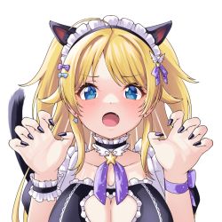 Rule 34 | 1girl, :o, ahoge, alternate costume, animal ears, blonde hair, blush, breasts, cat ears, cat tail, choker, cleavage, cleavage cutout, clothing cutout, collarbone, commission, endo yohane, enmaided, fang, frilled choker, frills, gao, hachimiya meguru, heart cutout, highres, idolmaster, idolmaster shiny colors, large breasts, maid, maid headdress, nail polish, pixiv commission, simple background, solo, tail, transparent background, two side up