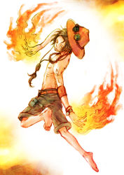 Rule 34 | 1boy, barefoot, beads, black hair, bracelet, fighting stance, fire, freckles, full body, hat, jewelry, jumping, male focus, necklace, one piece, portgas d. ace, prayer beads, sad face, topless male, smiley, solo, stampede string, tattoo