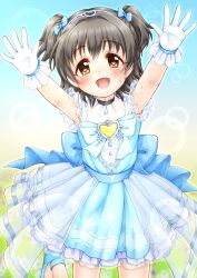 Rule 34 | 1girl, :d, akagi miria, arms up, black hair, blue bow, blue dress, blue footwear, blush, bow, brown eyes, commentary request, covered collarbone, dress, gloves, hair between eyes, hair bow, hairband, heart, highres, idolmaster, idolmaster cinderella girls, idolmaster cinderella girls starlight stage, open mouth, pleated dress, regular mow, see-through, shirt, shoes, smile, solo, standing, standing on one leg, sweat, two side up, white gloves, white shirt
