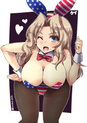 Rule 34 | 10s, 1girl, alternate costume, animal ears, black pantyhose, blonde hair, blue eyes, bow, bowtie, breasts, cleavage, crying bald eagle, detached collar, fishnet pantyhose, fishnets, girls und panzer, kay (girls und panzer), large breasts, leotard, long hair, one eye closed, open mouth, pantyhose, playboy bunny, shinshin, smile, solo, united states, wrist cuffs