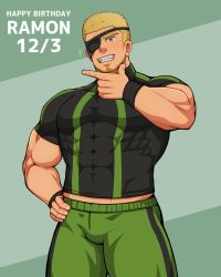 Rule 34 | 1boy, bara, black shirt, blonde hair, blue eyes, blush, bulge, character name, covered abs, covered navel, cowboy shot, dated, eyepatch, facial hair, goatee, green shorts, hand on own hip, happy birthday, highres, large pectorals, male focus, midriff peek, muscular, pants, pectorals, ramon (kof), shirt, short hair, short sleeves, shorts, sideburns, solo, the king of fighters, tight clothes, tight shirt, track pants, vert cypres