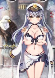 Rule 34 | 1girl, :o, bikini, bird, black choker, blush, braid, breasts, brown eyes, cannon, choker, cleavage, cloud, cloudy sky, collarbone, commentary request, eagle, epaulettes, hat, jacket, jacket on shoulders, large breasts, lifebuoy, long hair, long sleeves, looking at viewer, military hat, military jacket, navel, original, outdoors, parted lips, peaked cap, sarong, ship, sidelocks, silver hair, sky, snowing, solo, swim ring, swimsuit, takapii, thigh gap, very long hair, watercraft, white bikini, white hat, white jacket, winter