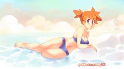 Rule 34 | 1girl, bare arms, bare legs, bare shoulders, barefoot, bikini, blue bikini, blue eyes, breasts, commentary, creatures (company), day, english commentary, full body, game freak, highres, lighthouse, looking at viewer, medium breasts, misty (pokemon), navel, nintendo, orange hair, outdoors, parted lips, patreon username, pinup (style), pokemon, pokemon rgby, rock, rtil, short hair, short ponytail, solo, strapless, strapless bikini, swimsuit, water