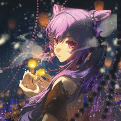Rule 34 | 1girl, bare shoulders, black ribbon, black sleeves, closed mouth, commentary request, cone hair bun, detached sleeves, from behind, genshin impact, hair bun, highres, keqing (genshin impact), keqing (opulent splendor) (genshin impact), long hair, looking at viewer, looking back, purple hair, rafaelaaa, red eyes, ribbon, snowing, solo, upper body