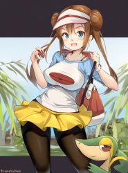 Rule 34 | 1girl, :d, aymusk, bag, black pantyhose, blue shirt, blush, bra strap, breasts, closed mouth, commentary request, contrapposto, creatures (company), dress, game freak, gen 5 pokemon, highres, holding, holding poke ball, impossible clothes, impossible shirt, large breasts, long hair, looking at viewer, miniskirt, nintendo, open mouth, outside border, pantyhose, plant, pleated skirt, poke ball, poke ball (basic), poke ball print, pokemon, pokemon (creature), pokemon bw2, print shirt, raglan sleeves, red eyes, rosa (pokemon), shirt, short sleeves, shoulder bag, sidelocks, skirt, smile, smug, snivy, standing, tareme, twintails, visor cap, white headwear, white shirt, yellow skirt