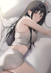 Rule 34 | 1girl, absurdres, ass, bare shoulders, black hair, blush, breasts, camisole, grey shorts, highres, large breasts, long hair, looking at viewer, lying, on bed, on side, original, parted lips, pillow, purple eyes, shorts, solo, stuffed animal, stuffed cat, stuffed toy, xretakex