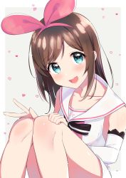 Rule 34 | 1girl, :d, absurdres, bare legs, bare shoulders, blue eyes, blush, brown hair, collarbone, commentary request, detached sleeves, hairband, head tilt, heart, highres, kizuna ai, kizuna ai inc., knees up, long hair, long sleeves, looking at viewer, multicolored hair, neginoki, open mouth, pink hair, sailor collar, shirt, shorts, sidelocks, sitting, smile, solo, streaked hair, virtual youtuber, white sailor collar, white shirt, white shorts
