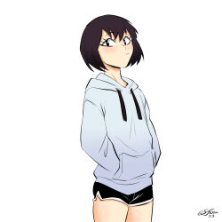 Rule 34 | 1girl, black eyes, black hair, commentary, cowboy shot, dolphin shorts, english commentary, frown, hands in pockets, highres, hood, hooded sweater, hoodie, original, shiny skin, short hair, short shorts, shorts, signature, solo, sweater, sytochan (sytokun), sytokun