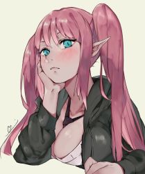 Rule 34 | 1girl, aqua eyes, between breasts, blush, breast rest, breasts, head rest, cleavage, elf, highres, hood, hooded jacket, jacket, large breasts, long hair, looking at viewer, necktie, necktie between breasts, nose, original, pink hair, pointy ears, simple background, slit pupils, solo, twintails, uni (melm), upper body