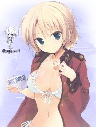 Rule 34 | 1girl, bad id, bad twitter id, bikini, blonde hair, blue eyes, blush, braid, braided bun, breasts, chibi, chibi inset, cleavage, closed mouth, commentary, cup, darjeeling (girls und panzer), epaulettes, frilled bikini, frills, front-tie bikini top, front-tie top, getsumen suibaku ver. a(c), girls und panzer, hair bun, head tilt, highres, holding, holding cup, jacket, jewelry, large breasts, light blush, light particles, long sleeves, looking at viewer, military, military uniform, navel, necklace, open clothes, open jacket, red jacket, revision, short hair, side-tie bikini bottom, skindentation, smile, solo, sparkle, st. gloriana&#039;s military uniform, swimsuit, teacup, twitter username, uniform, upper body