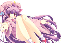 Rule 34 | 1girl, :d, bare legs, blush, censored, convenient censoring, convenient leg, crescent, female focus, hat, long hair, looking at viewer, mary janes, open mouth, outstretched arms, outstretched hand, patchouli knowledge, purple eyes, purple hair, shoes, simple background, smile, socks, solo, spread arms, touhou, very long hair, white background, white socks, white theme, yamucha