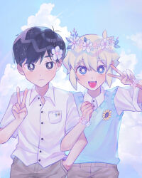 Rule 34 | 2boys, alternate costume, antenna hair, aqua sweater vest, basil (faraway) (omori), basil (omori), black eyes, black hair, blonde hair, blue eyes, blue sky, bright pupils, buttons, closed mouth, cloud, collared shirt, cumulonimbus cloud, expressionless, flower, flower bracelet, hair between eyes, hair flower, hair ornament, hand in pocket, head wreath, highres, iro (mywife sunny), looking at viewer, multiple boys, omori, open mouth, outdoors, shirt, short hair, short sleeves, shorts, sky, smile, sunflower, sunny (omori), sweater vest, teeth, upper teeth only, v, white flower, white pupils, white shirt