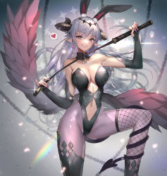 Rule 34 | 1girl, absurdres, animal ear fluff, animal ears, asymmetrical legwear, black leotard, breasts, cleavage, clothing cutout, demon horns, demon tail, detached collar, ear piercing, earrings, extra ears, fake animal ears, fishnet thighhighs, fishnets, grey hair, heart, heterochromia, highleg, highleg leotard, highres, hitowa, holding, holding riding crop, holding whip, horns, jewelry, large breasts, leotard, long hair, midriff, mismatched legwear, navel, original, pantyhose, piercing, pointy ears, purple pantyhose, rabbit ears, red eyes, riding crop, smile, solo, spoken heart, stomach cutout, strapless, strapless leotard, tail, tail around own leg, thighhighs, thighs, very long hair, wings, yellow eyes
