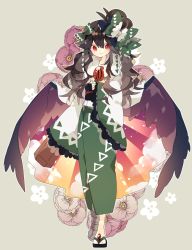 Rule 34 | 1girl, :3, adapted costume, alternate costume, bird wings, black hair, black wings, bow, commentary, flower, frilled bow, frilled kimono, frills, full body, fur-trimmed kimono, fur trim, green bow, green kimono, hair between eyes, hair bow, hair bun, hand cannon, highres, japanese clothes, kimono, long hair, long sleeves, looking at viewer, multicolored clothes, multicolored kimono, nikorashi-ka, obi, pink flower, red eyes, reiuji utsuho, sandals, sash, single hair bun, sleeves past wrists, solo, third eye, touhou, white kimono, wide sleeves, wings, zouri