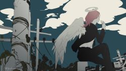 Rule 34 | 1boy, androgynous, angel, angel devil, angel devil (chainsaw man), angel wings, black jacket, black legwear, black pants, brown hair, chainsaw man, cloud, cloudy sky, facing away, feathered wings, feathers, food, formal, halo, highres, holding, holding food, huimuuu, ice cream, jacket, long hair, long sleeves, mouse (animal), pants, shirt, shirt tucked in, sitting, sky, sleeves past elbows, suit, white shirt, wings