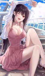 Rule 34 | 1girl, :d, black hair, blue sky, breasts, cleavage, cloud, collarbone, commentary request, commission, day, dress, gok (gok 99), highres, horizon, long hair, looking at viewer, medium breasts, ocean, one eye closed, open mouth, original, outdoors, pink dress, railing, red eyes, shirt, sitting, sky, smile, solo, summer, thighs, white shirt